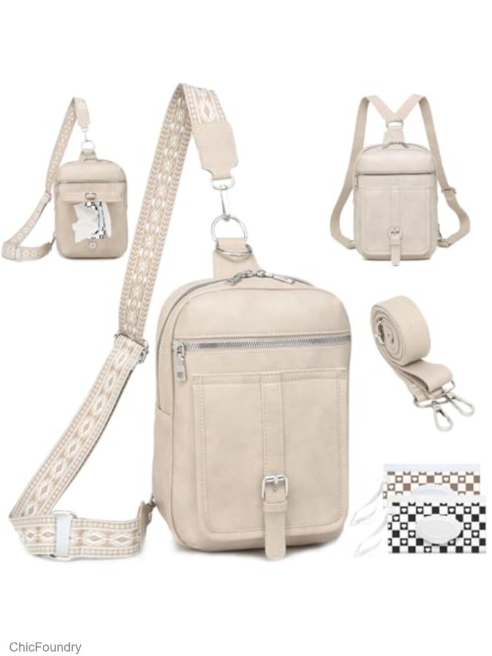 Small Diaper Bag Crossbody Sling Purse - 2 in 1 Leather Backpack with Wipes
